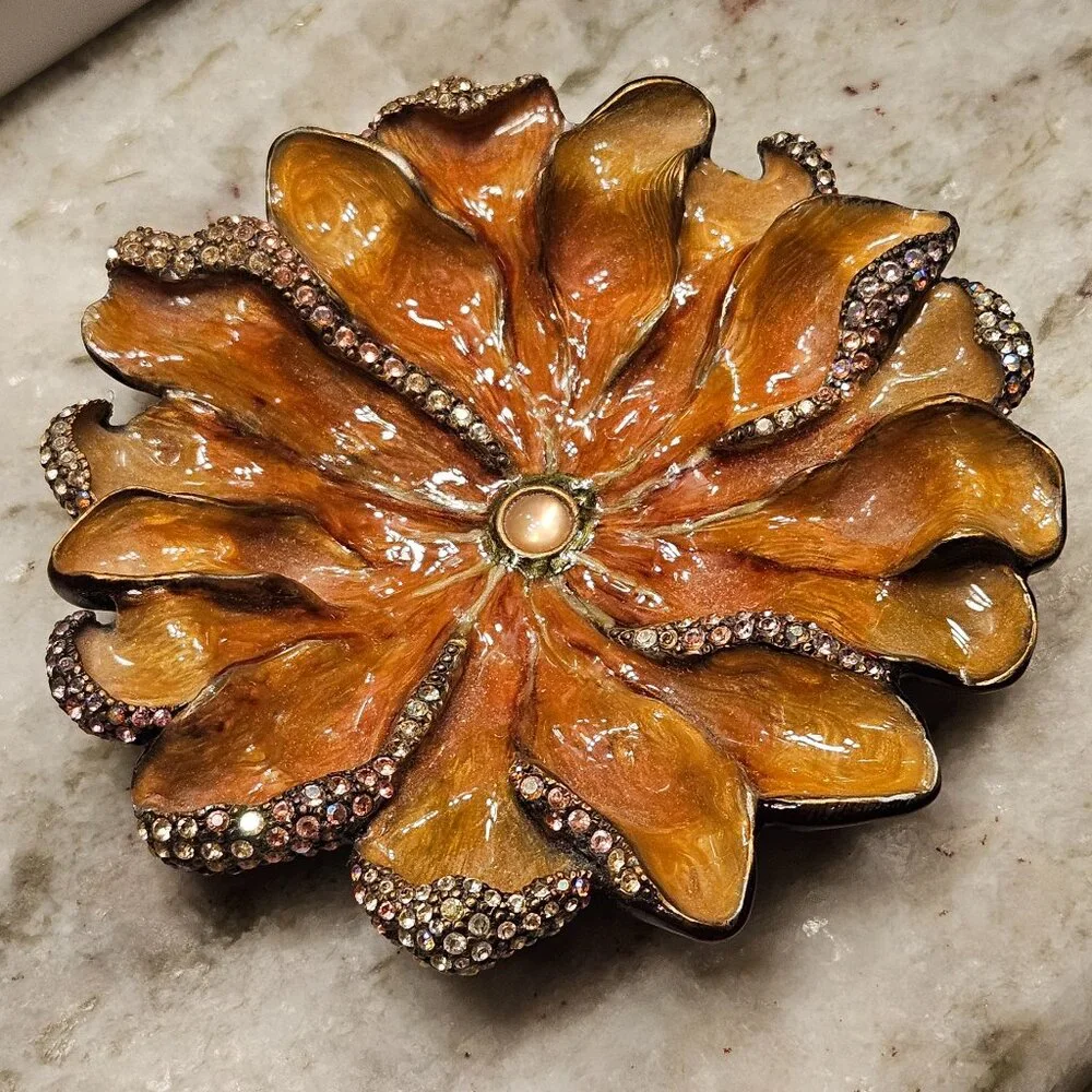 JAY STRONGWATER CHRYSANTHEMUM FLOWER ENAMEL CRYSTAL JEWELRY TRINKET TRAY DISH